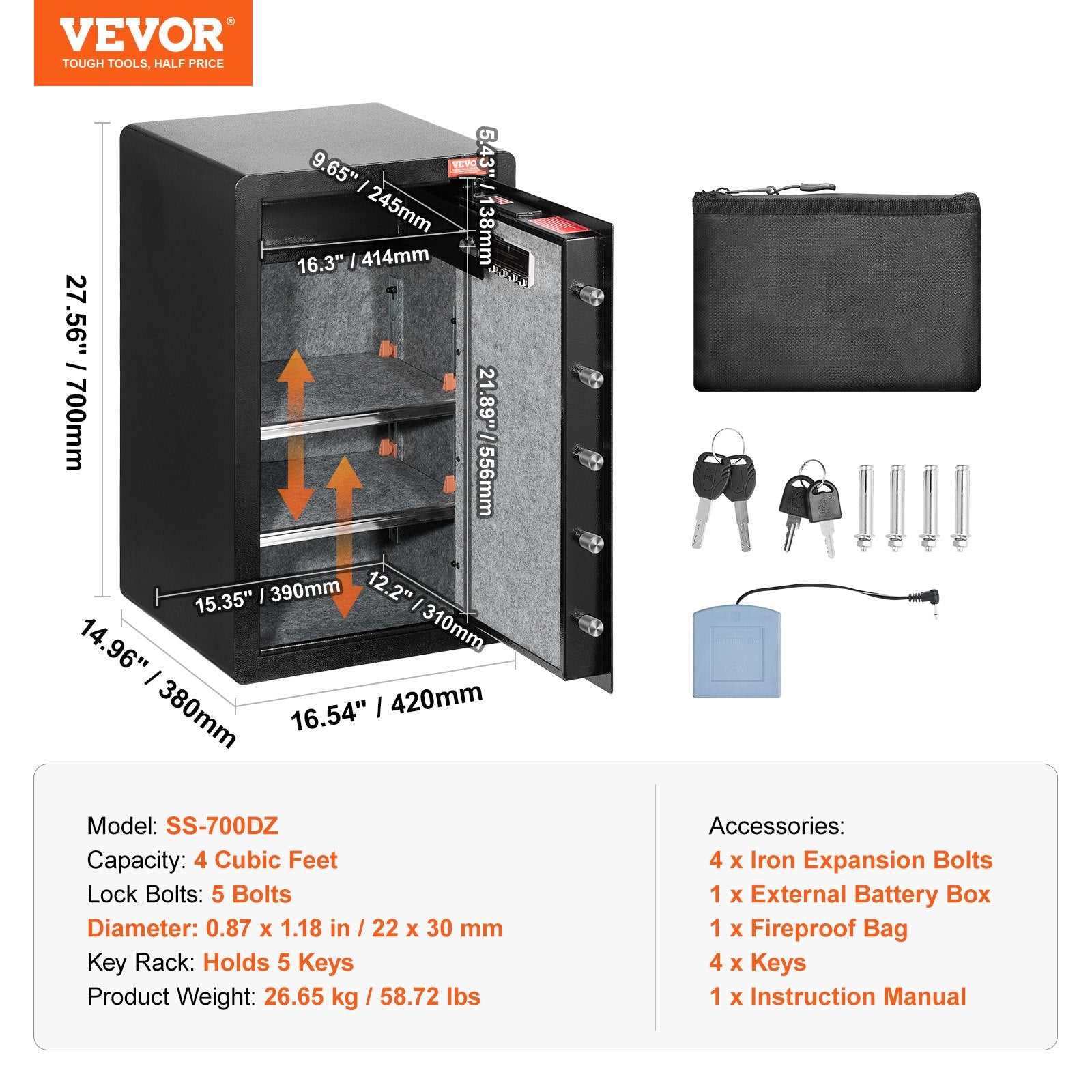Single Door 4.0 cu.ft Safe Box with Key Lock & Password, Safe Lock Box with Fireproof Bag, Key Rack, LED Light, 2 Shelves, and 1 Cabinet for Money, Documents, Jewelry, and Valuables, Black - Image 7