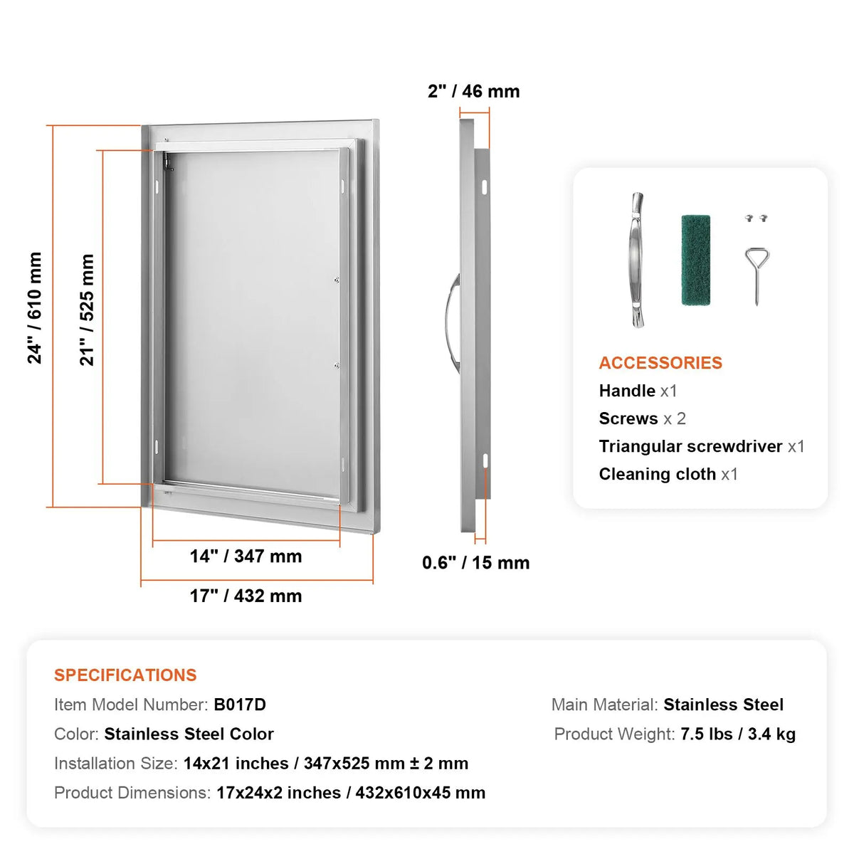 BBQ Access Door, 432x610 mm Single Outdoor Kitchen Door, Stainless Steel Flush Mount Door, Wall Vertical Door with Handle, for BBQ Island, Grilling Station, Outside Cabinet - Image 7