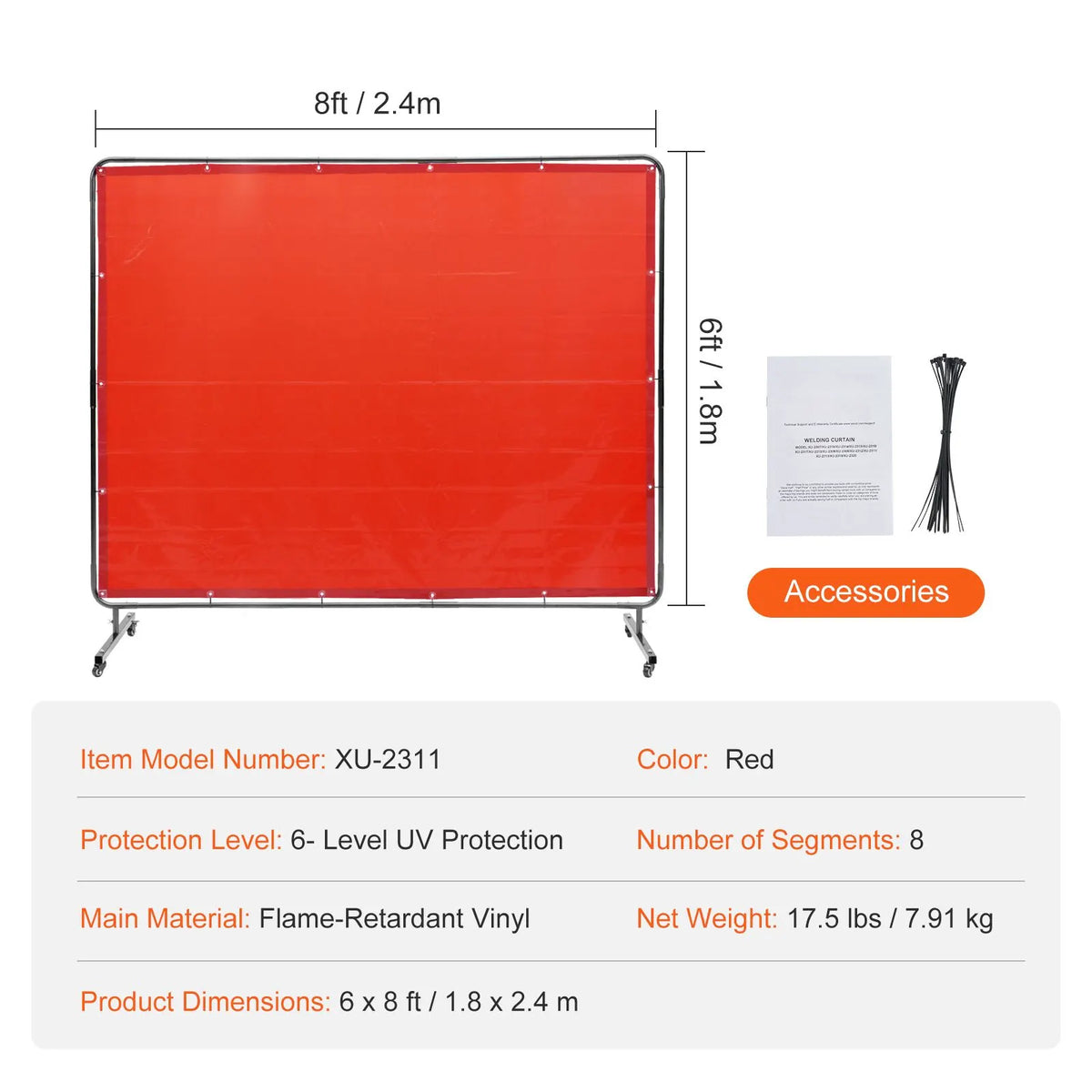 Welding Screen with Frame, 6' x 8' Welding Curtain Screen, Flame-Resistant Vinyl Welding Protection Screen on 4 Swivel Wheels (2 Lockable), Moveable & Professional for Workshop/Industrial, Red - Image 7