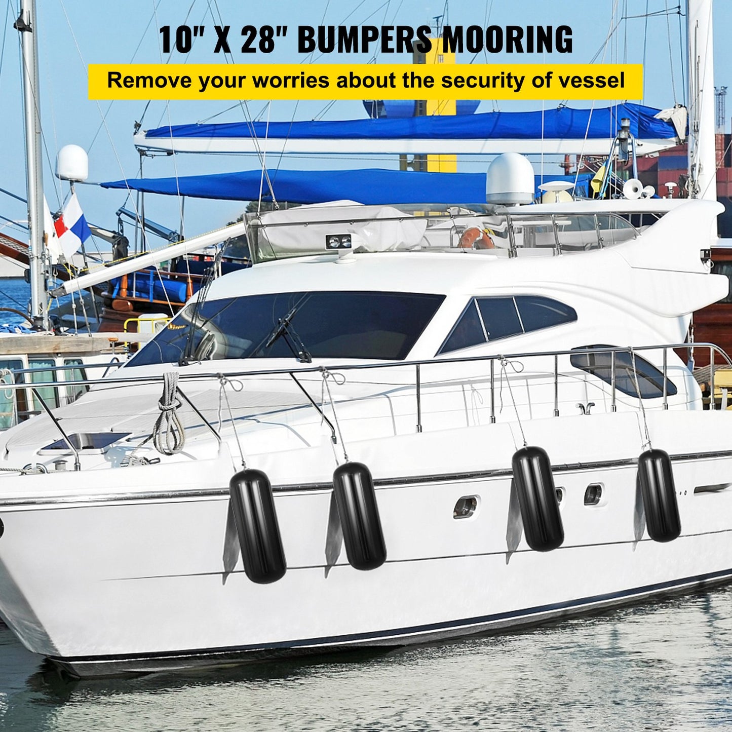 Boat Fenders, 10" x 28" Ribbed Fender, 4 Pack Boat Bumpers, Hole Through Middle Ribbed Inflatable Boat Fender with 4 Ropes, for Pontoon Boat Sailboat, Ski Boat, Black - Image 2