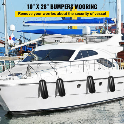 Boat Fenders, 10" x 28" Ribbed Fender, 4 Pack Boat Bumpers, Hole Through Middle Ribbed Inflatable Boat Fender with 4 Ropes, for Pontoon Boat Sailboat, Ski Boat, Black - Image 2