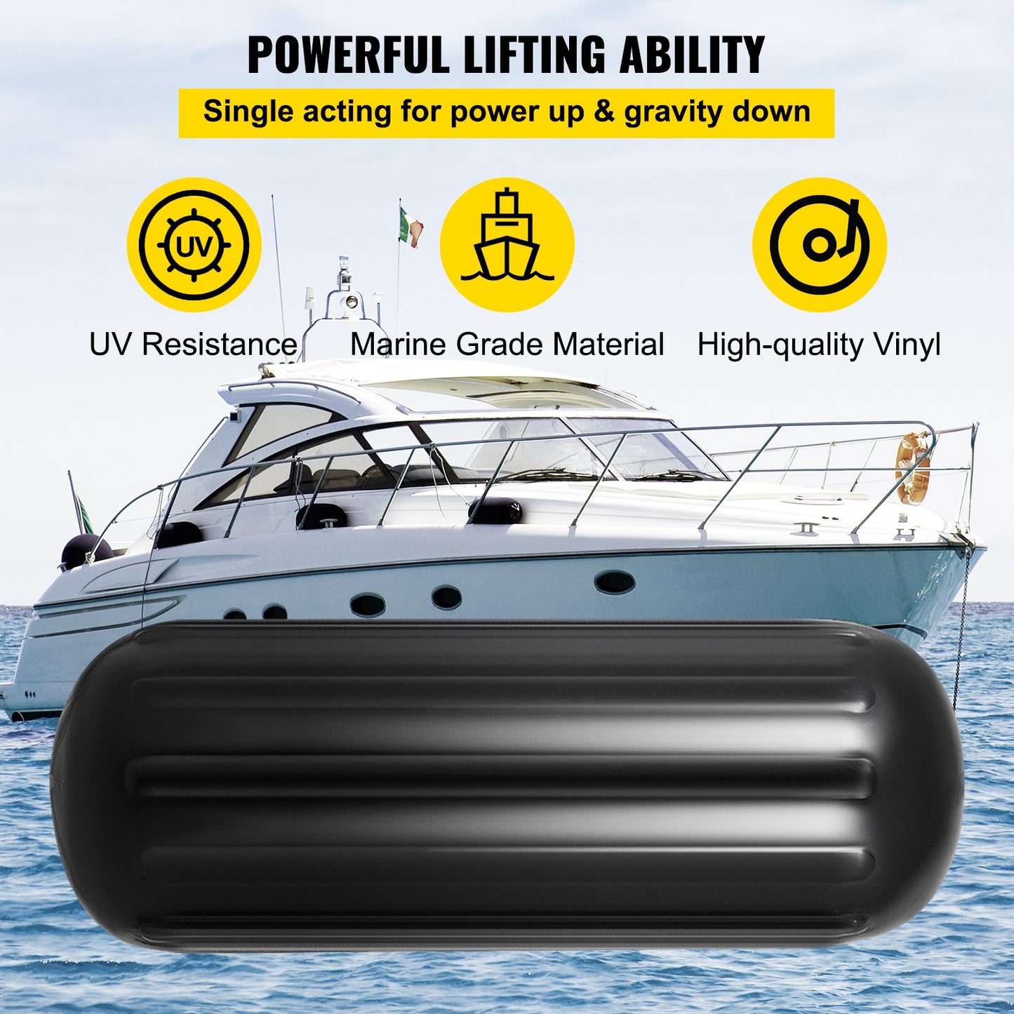 Boat Fenders, 10" x 28" Ribbed Fender, 4 Pack Boat Bumpers, Hole Through Middle Ribbed Inflatable Boat Fender with 4 Ropes, for Pontoon Boat Sailboat, Ski Boat, Black - Image 3