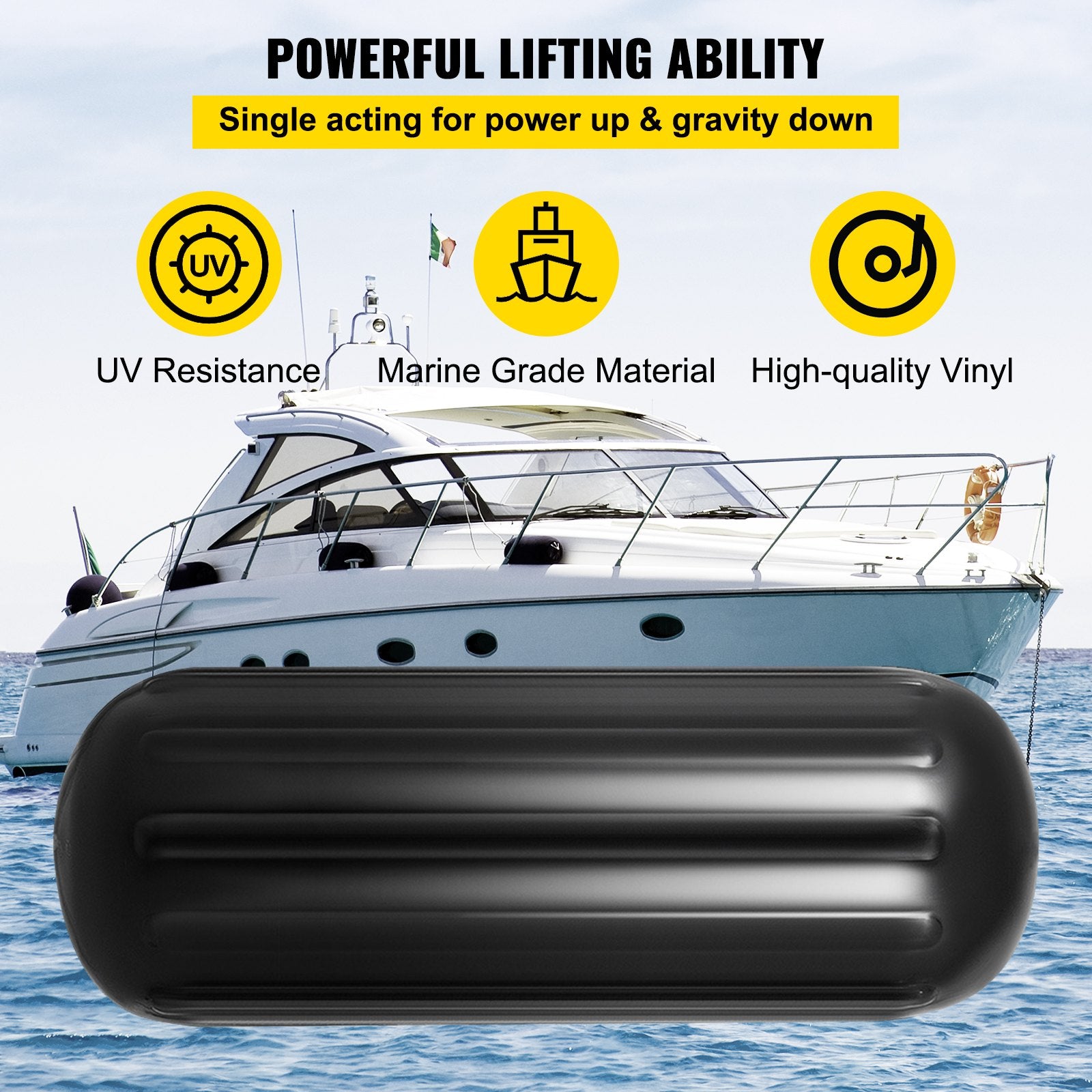 Boat Fenders, 10" x 28" Ribbed Fender, 4 Pack Boat Bumpers, Hole Through Middle Ribbed Inflatable Boat Fender with 4 Ropes, for Pontoon Boat Sailboat, Ski Boat, Black - Image 3