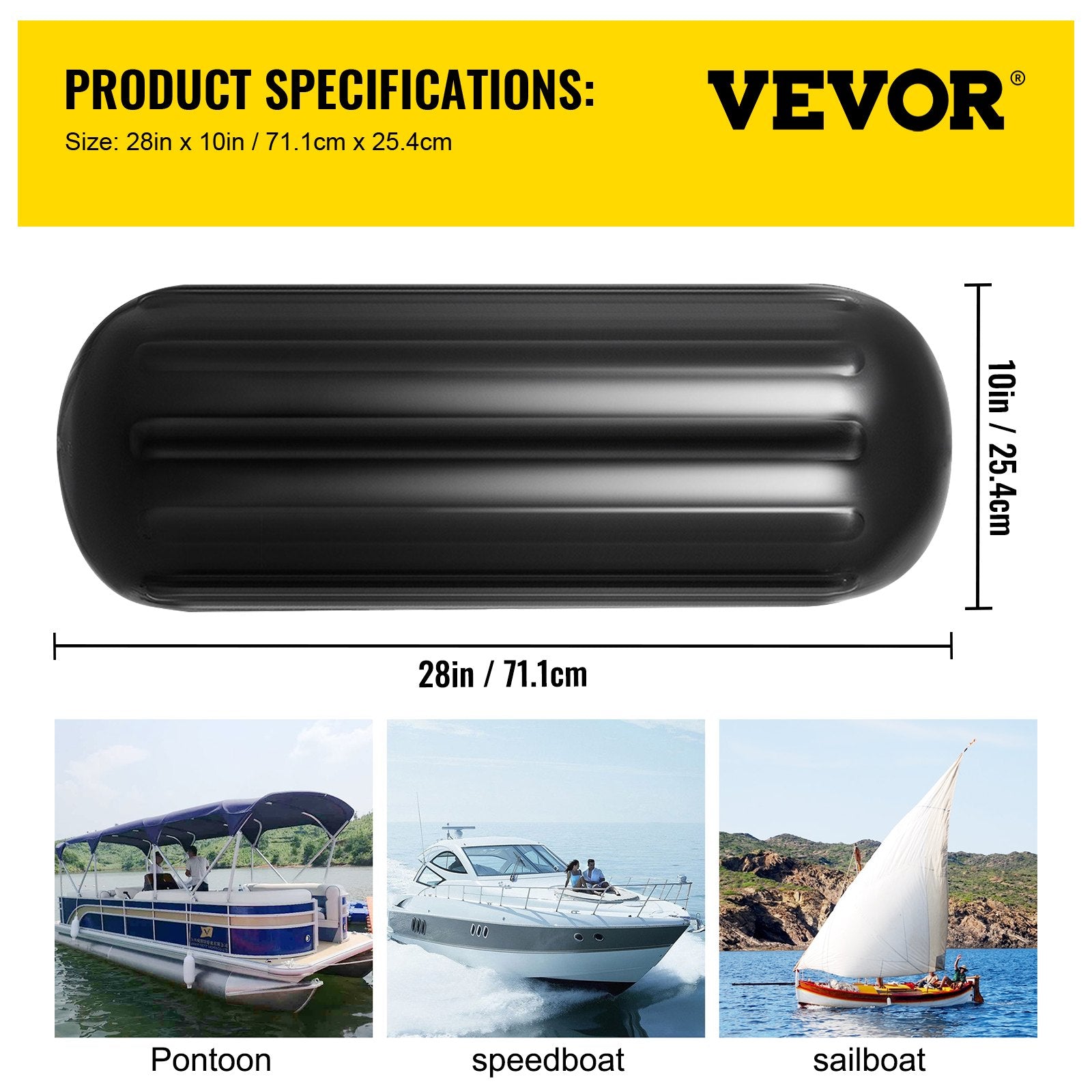 Boat Fenders, 10" x 28" Ribbed Fender, 4 Pack Boat Bumpers, Hole Through Middle Ribbed Inflatable Boat Fender with 4 Ropes, for Pontoon Boat Sailboat, Ski Boat, Black - Image 7