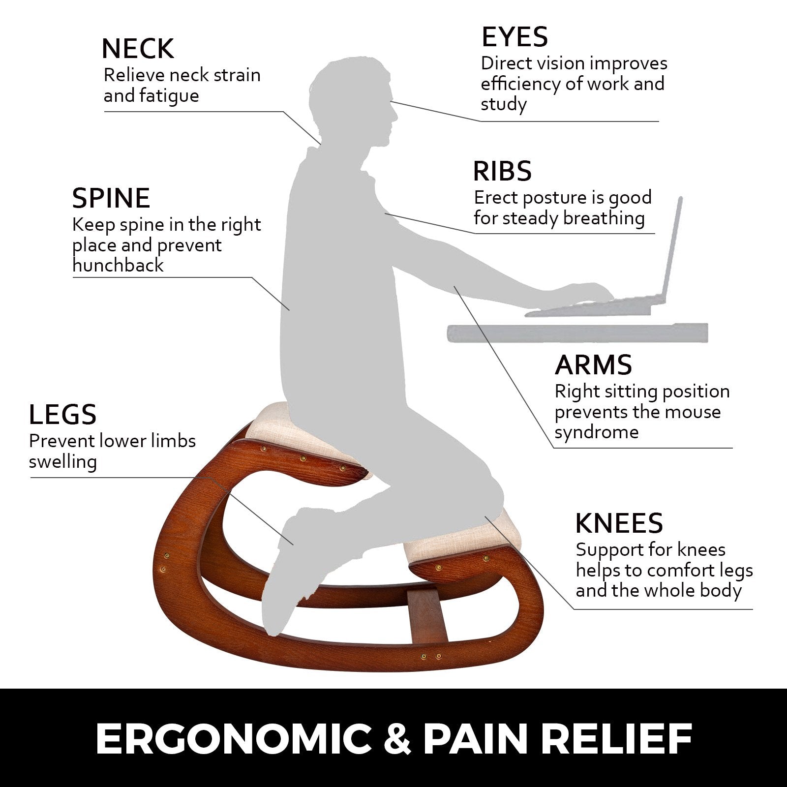 Ergonomic Kneeling Chair Wooden Neck Pain Relief Relieve Fatigue Wood Stool - Image 2