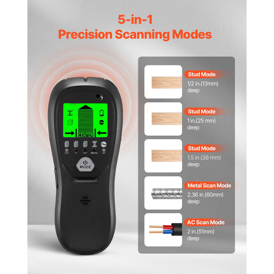 Stud Finder Wall Scanner, 5 in 1, Electronic Wall Stud Detector with Smart Sensor, High-Definition LCD Display and Audio Alarm, for the Center and Edge of Metal, AC Wire, Joists, Pipes, Black - Image 2