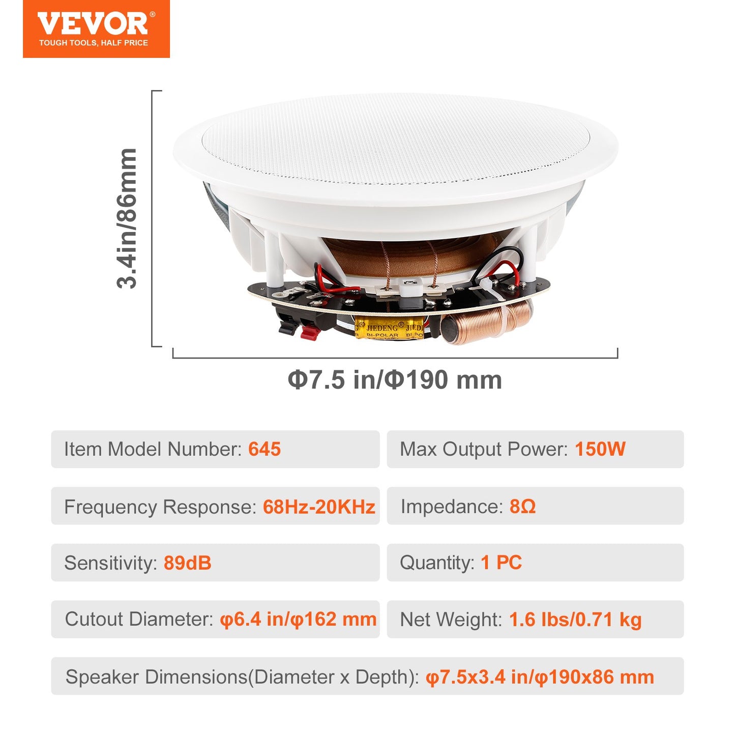 165.1 mm in Ceiling Speakers, 150-Watts, Flush Mount Ceiling & in-Wall Speakers System with 8ΩImpedance 89dB Sensitivity, for Home Kitchen Living Room Bedroom or Covered Outdoor Porches, Single - Image 7