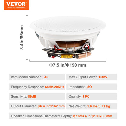 165.1 mm in Ceiling Speakers, 150-Watts, Flush Mount Ceiling & in-Wall Speakers System with 8ΩImpedance 89dB Sensitivity, for Home Kitchen Living Room Bedroom or Covered Outdoor Porches, Single - Image 7