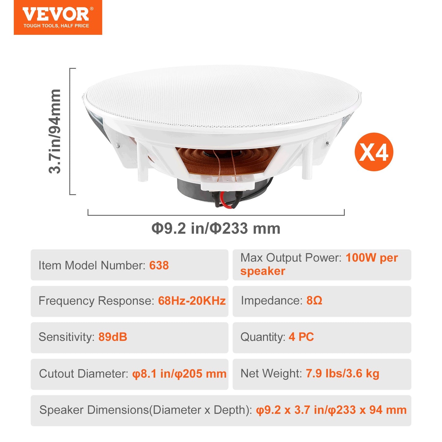 4 PCs 203.2 mm in Ceiling Speakers, 100-Watts, Flush Mount Ceiling & in-Wall Speakers System with 8ΩImpedance 89dB Sensitivity, for Home Kitchen Living Room Bedroom or Covered Outdoor Porches - Image 7