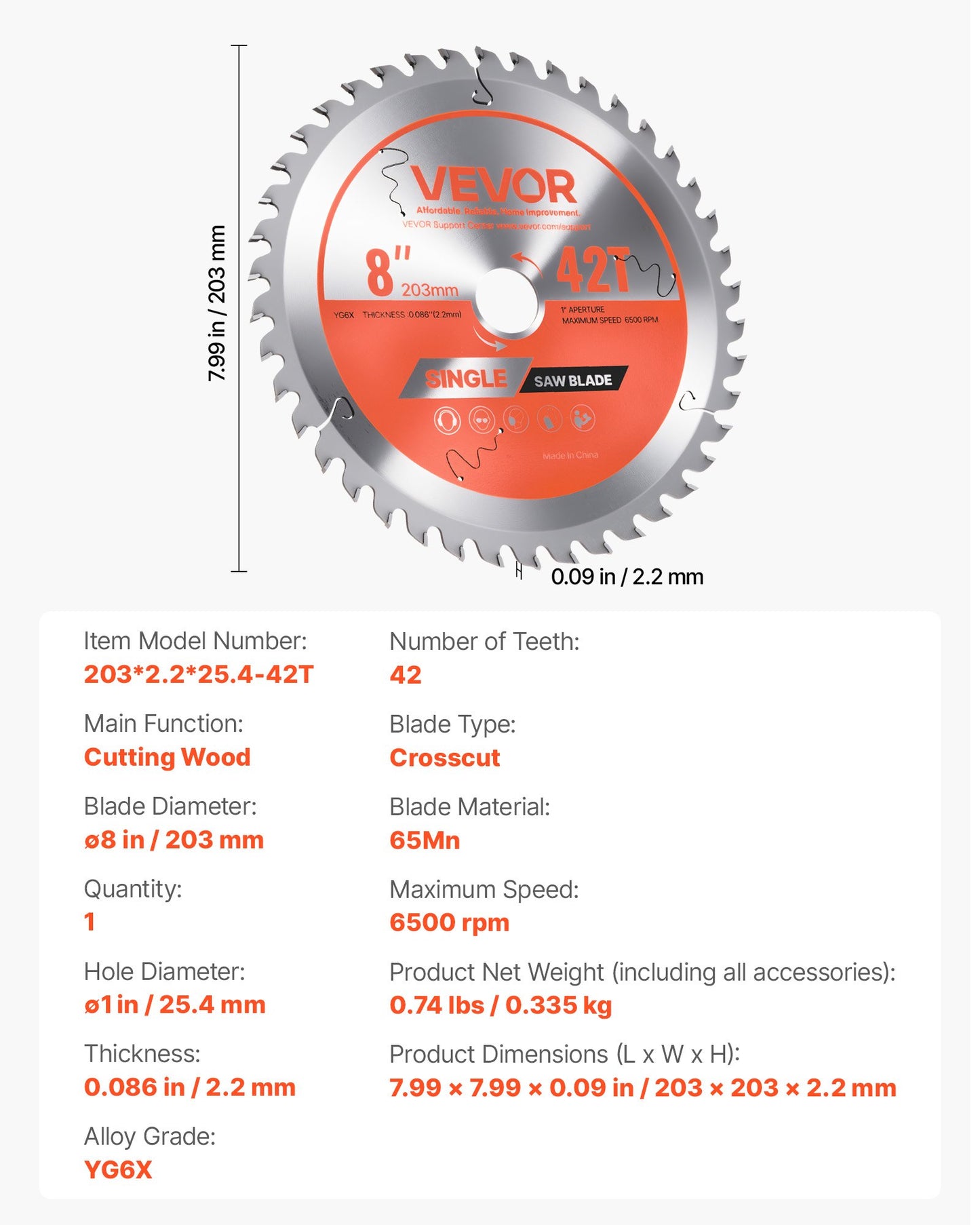 Circular Saw Blade, 203 mm Diameter, 42 Sharp Alloy Teeth, 25.4mm Arbor, Fine Finish, Wood Cutting Blade for Circular Saw, with Noise-Reducing Heat Vents, for Cutting Plywood, OSB, and Hardwood - Image 7