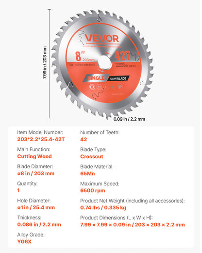 Circular Saw Blade, 203 mm Diameter, 42 Sharp Alloy Teeth, 25.4mm Arbor, Fine Finish, Wood Cutting Blade for Circular Saw, with Noise-Reducing Heat Vents, for Cutting Plywood, OSB, and Hardwood - Image 7