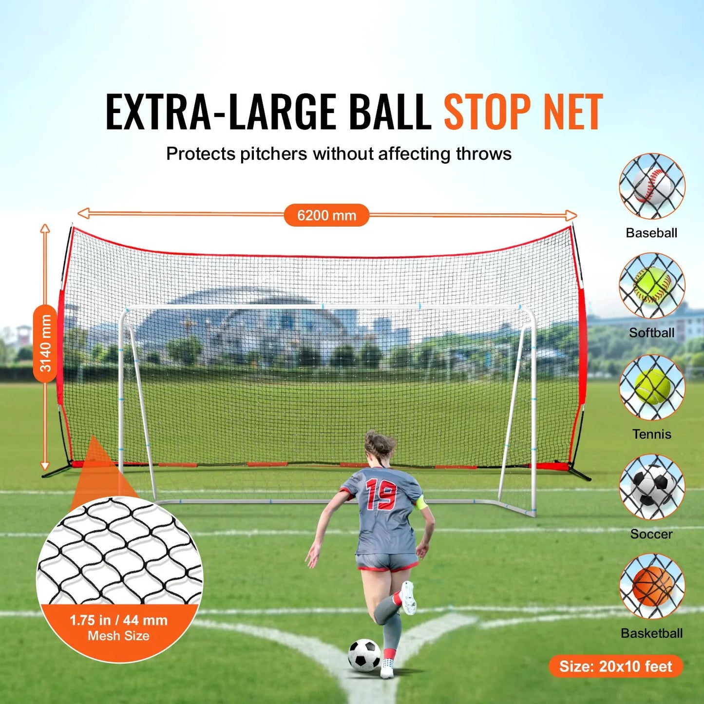 Barricade Backstop Net, 20x10 ft Ball Sports Barrier Netting, Portable Practice Equipment with Carry Bag, Protection Screen for Baseball Softball Lacrosse Soccer Hockey Training, for Backyard - Image 2