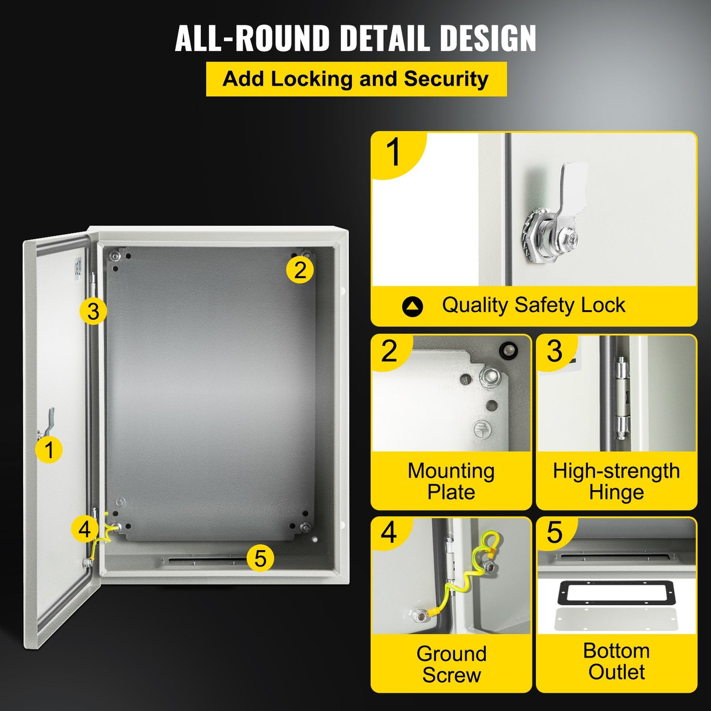 Steel Electrical Box 16'' x 12'' x 8'' Electrical Enclosure Box, Carbon Steel Hinged Junction Box, IP65 Weatherproof Metal Box Wall-Mounted Electronic Equipment Enclosure Box with Mounting Plate - Image 5
