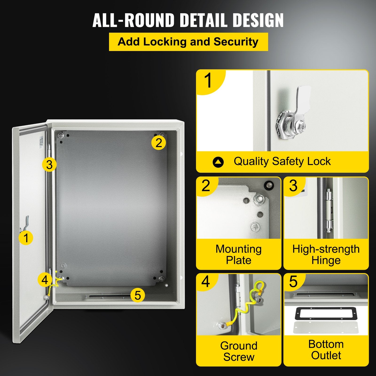 Steel Electrical Box 16'' x 12'' x 8'' Electrical Enclosure Box, Carbon Steel Hinged Junction Box, IP65 Weatherproof Metal Box Wall-Mounted Electronic Equipment Enclosure Box with Mounting Plate - Image 5