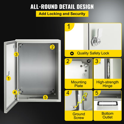Steel Electrical Box 16'' x 12'' x 8'' Electrical Enclosure Box, Carbon Steel Hinged Junction Box, IP65 Weatherproof Metal Box Wall-Mounted Electronic Equipment Enclosure Box with Mounting Plate - Image 5