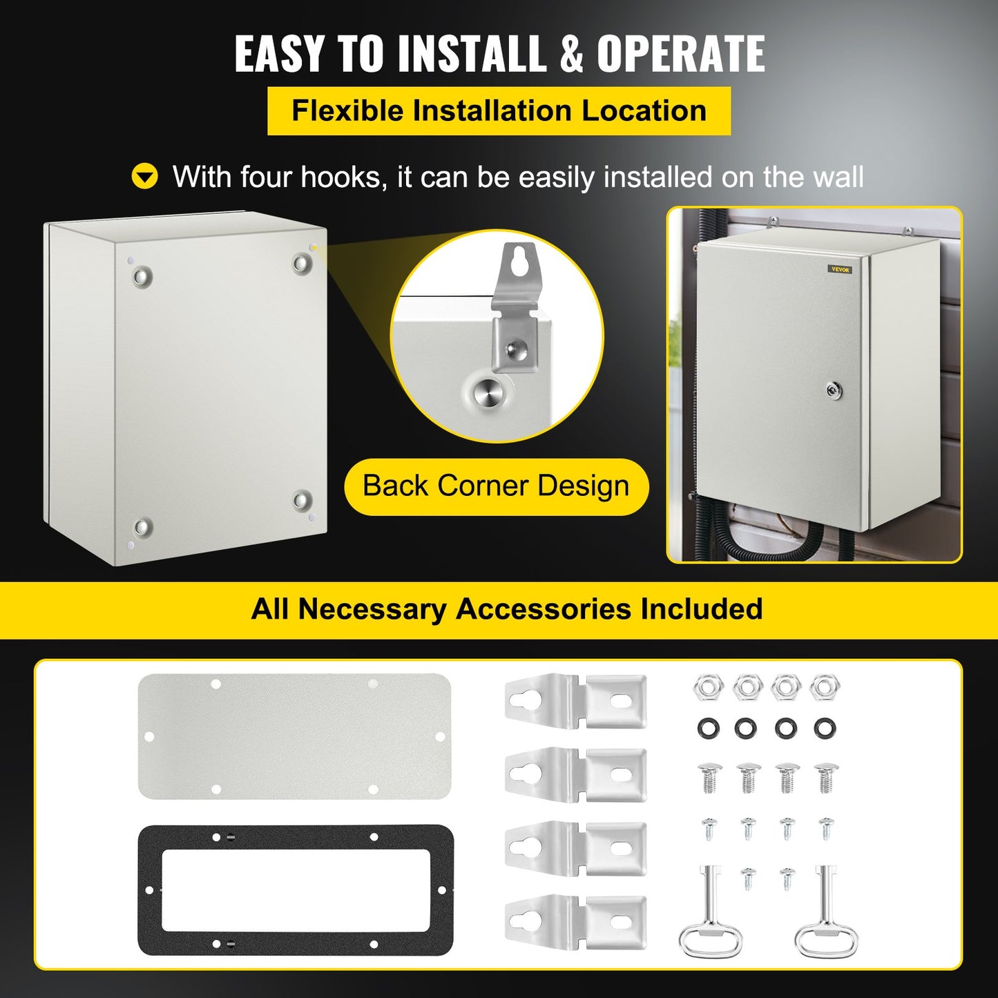 Steel Electrical Box 16'' x 12'' x 8'' Electrical Enclosure Box, Carbon Steel Hinged Junction Box, IP65 Weatherproof Metal Box Wall-Mounted Electronic Equipment Enclosure Box with Mounting Plate - Image 6