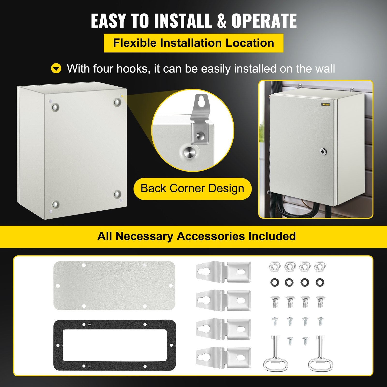 Steel Electrical Box 16'' x 12'' x 8'' Electrical Enclosure Box, Carbon Steel Hinged Junction Box, IP65 Weatherproof Metal Box Wall-Mounted Electronic Equipment Enclosure Box with Mounting Plate - Image 6