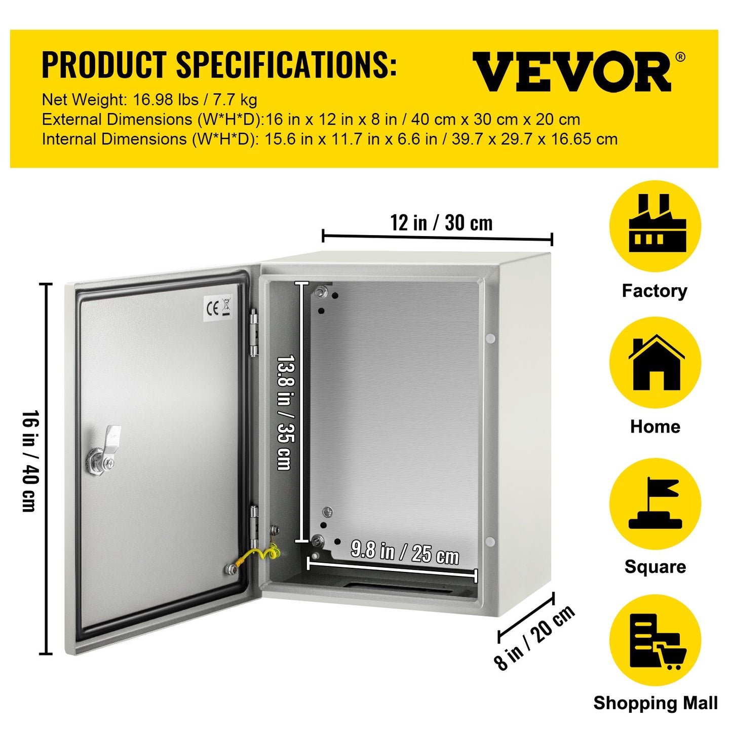 Steel Electrical Box 16'' x 12'' x 8'' Electrical Enclosure Box, Carbon Steel Hinged Junction Box, IP65 Weatherproof Metal Box Wall-Mounted Electronic Equipment Enclosure Box with Mounting Plate - Image 7