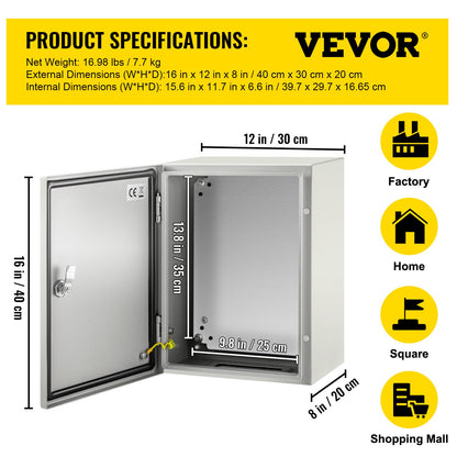 Steel Electrical Box 16'' x 12'' x 8'' Electrical Enclosure Box, Carbon Steel Hinged Junction Box, IP65 Weatherproof Metal Box Wall-Mounted Electronic Equipment Enclosure Box with Mounting Plate - Image 7