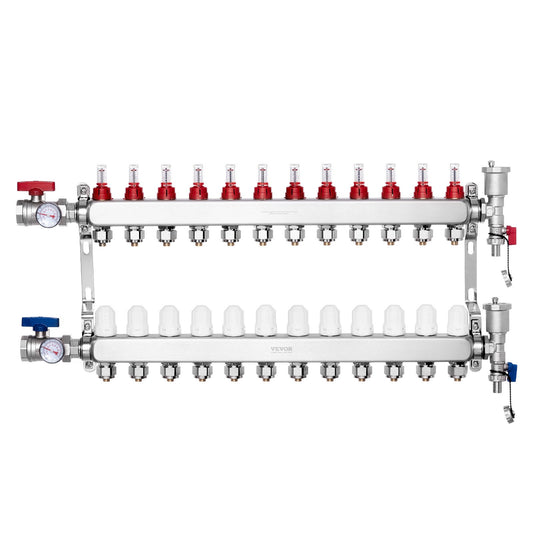 12-Branch Radiant Heat Manifold, 1/2" PEX Tubing Manifold, Stainless Steel PEX Manifold for Hydronic Radiant Floor Heating, Radiant Heat PEX Manifold Kit with 1/2" Adapters Included