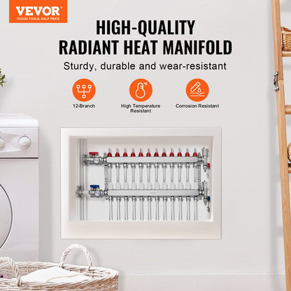 12-Branch Radiant Heat Manifold, 1/2" PEX Tubing Manifold, Stainless Steel PEX Manifold for Hydronic Radiant Floor Heating, Radiant Heat PEX Manifold Kit with 1/2" Adapters Included - Image 2