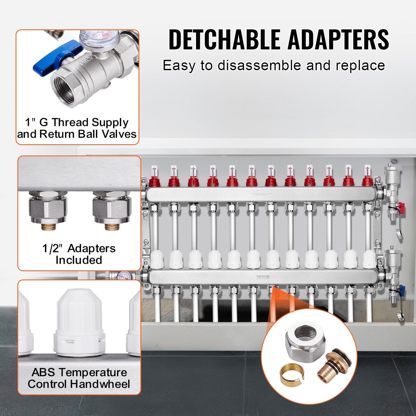 12-Branch Radiant Heat Manifold, 1/2" PEX Tubing Manifold, Stainless Steel PEX Manifold for Hydronic Radiant Floor Heating, Radiant Heat PEX Manifold Kit with 1/2" Adapters Included - Image 3