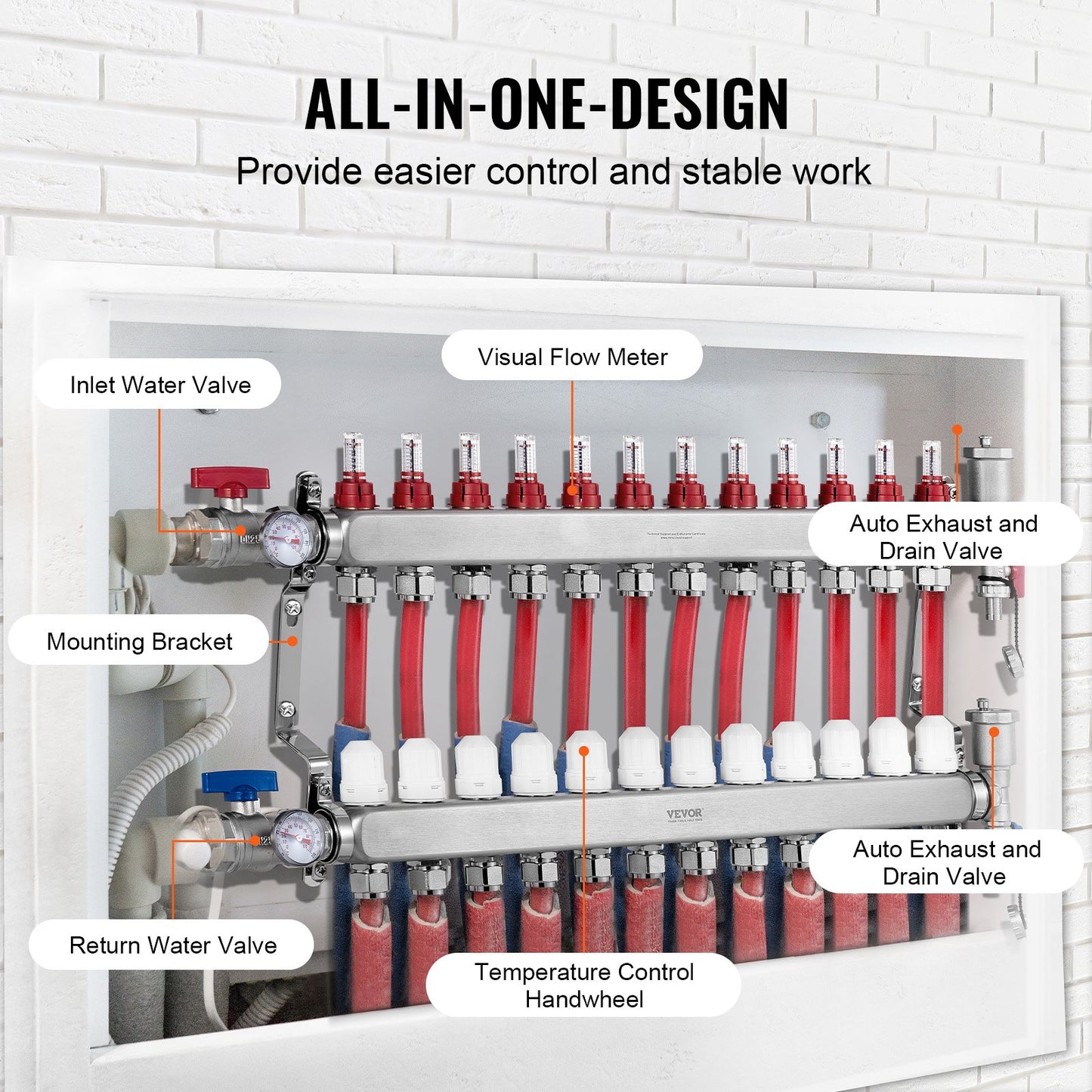 12-Branch Radiant Heat Manifold, 1/2" PEX Tubing Manifold, Stainless Steel PEX Manifold for Hydronic Radiant Floor Heating, Radiant Heat PEX Manifold Kit with 1/2" Adapters Included - Image 4