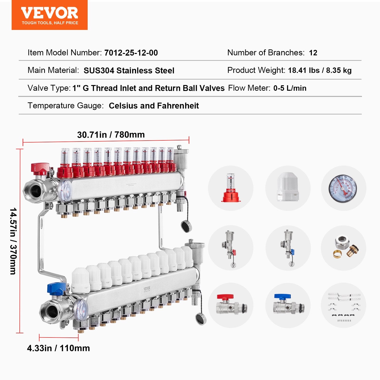 12-Branch Radiant Heat Manifold, 1/2" PEX Tubing Manifold, Stainless Steel PEX Manifold for Hydronic Radiant Floor Heating, Radiant Heat PEX Manifold Kit with 1/2" Adapters Included - Image 7