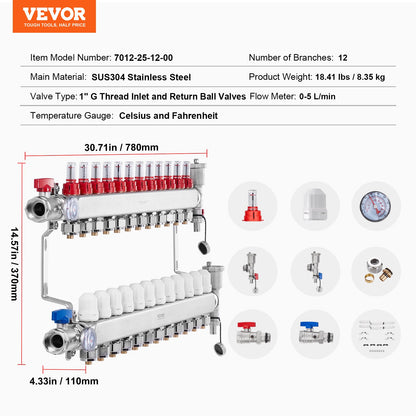 12-Branch Radiant Heat Manifold, 1/2" PEX Tubing Manifold, Stainless Steel PEX Manifold for Hydronic Radiant Floor Heating, Radiant Heat PEX Manifold Kit with 1/2" Adapters Included - Image 7