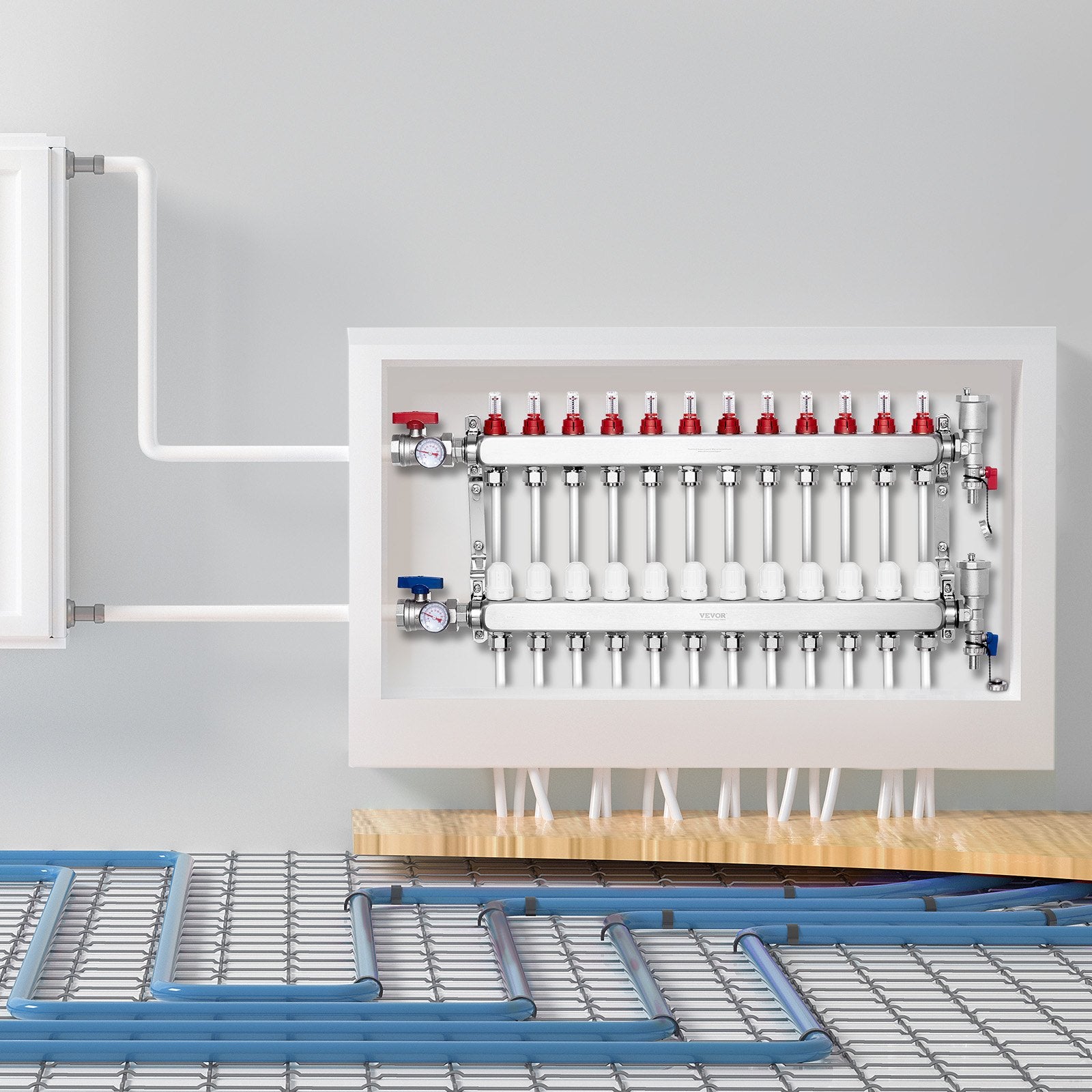 12-Branch Radiant Heat Manifold, 1/2" PEX Tubing Manifold, Stainless Steel PEX Manifold for Hydronic Radiant Floor Heating, Radiant Heat PEX Manifold Kit with 1/2" Adapters Included - Image 8