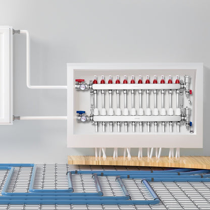 12-Branch Radiant Heat Manifold, 1/2" PEX Tubing Manifold, Stainless Steel PEX Manifold for Hydronic Radiant Floor Heating, Radiant Heat PEX Manifold Kit with 1/2" Adapters Included - Image 8
