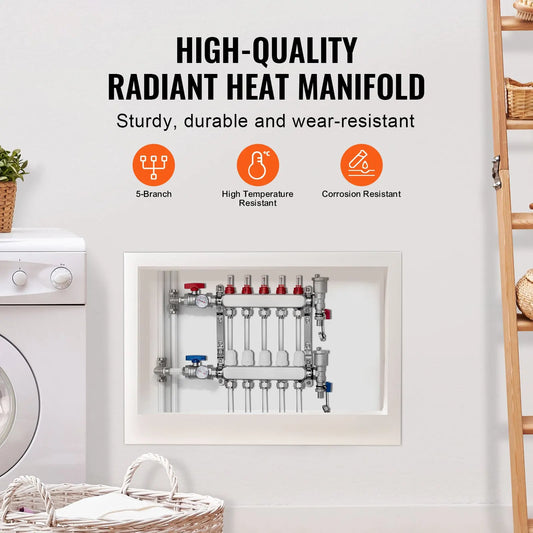 5-Branch Radiant Heat Manifold, 1/2" PEX Tubing Manifold, Stainless Steel PEX Manifold for Hydronic Radiant Floor Heating, Radiant Heat PEX Manifold Kit with 1/2" Adapters Included - Image 2