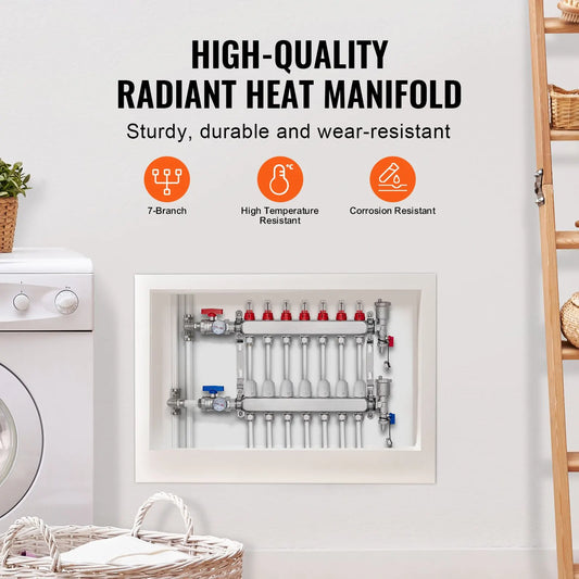 7-Branch Radiant Heat Manifold, 1/2" PEX Tubing Manifold, Stainless Steel PEX Manifold for Hydronic Radiant Floor Heating, Radiant Heat PEX Manifold Kit with 1/2" Adapters Included - Image 2