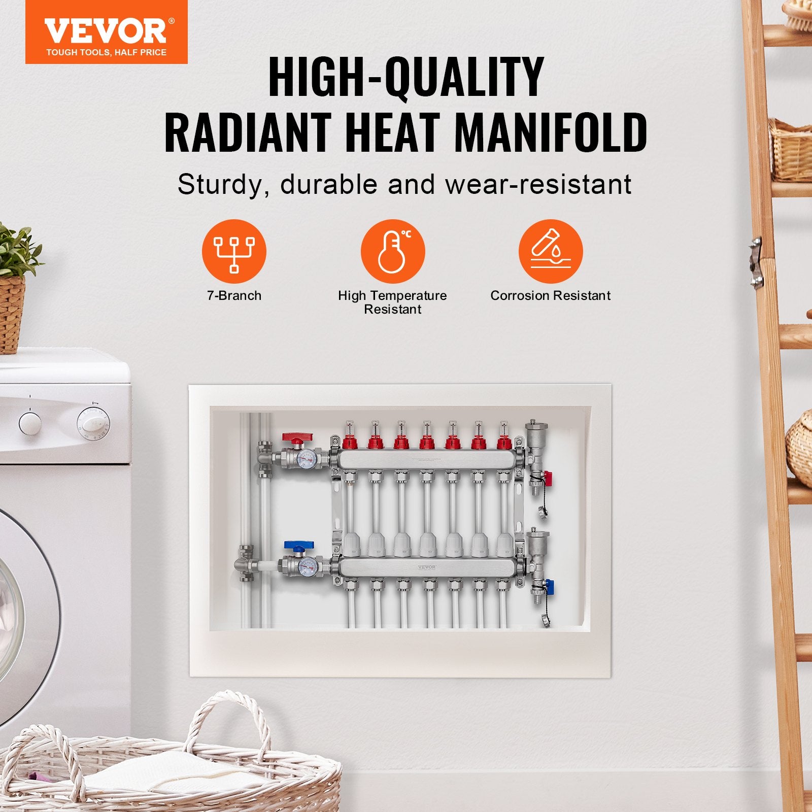 7-Branch Radiant Heat Manifold, 1/2" PEX Tubing Manifold, Stainless Steel PEX Manifold for Hydronic Radiant Floor Heating, Radiant Heat PEX Manifold Kit with 1/2" Adapters Included - Image 2