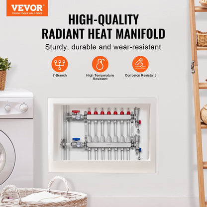 7-Branch Radiant Heat Manifold, 1/2" PEX Tubing Manifold, Stainless Steel PEX Manifold for Hydronic Radiant Floor Heating, Radiant Heat PEX Manifold Kit with 1/2" Adapters Included - Image 2