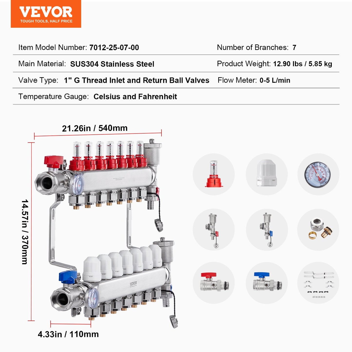 7-Branch Radiant Heat Manifold, 1/2" PEX Tubing Manifold, Stainless Steel PEX Manifold for Hydronic Radiant Floor Heating, Radiant Heat PEX Manifold Kit with 1/2" Adapters Included - Image 7