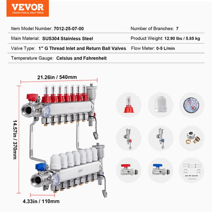 7-Branch Radiant Heat Manifold, 1/2" PEX Tubing Manifold, Stainless Steel PEX Manifold for Hydronic Radiant Floor Heating, Radiant Heat PEX Manifold Kit with 1/2" Adapters Included - Image 7