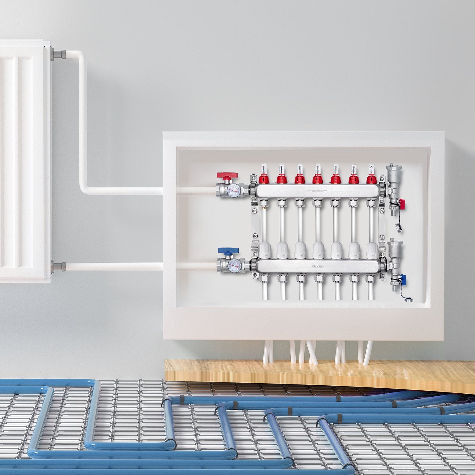 7-Branch Radiant Heat Manifold, 1/2" PEX Tubing Manifold, Stainless Steel PEX Manifold for Hydronic Radiant Floor Heating, Radiant Heat PEX Manifold Kit with 1/2" Adapters Included - Image 8