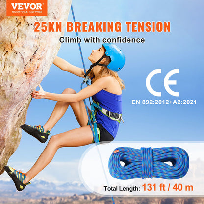 10.2mm Dynamic Climbing Rope, 40M(131ft) Outdoor Rock Climbing Rope 25KN Breaking Tension, Stretchable Fiber Rope with Steel Snap Hooks for Escape, Rappelling, Fire Rescue, Blue - Image 2
