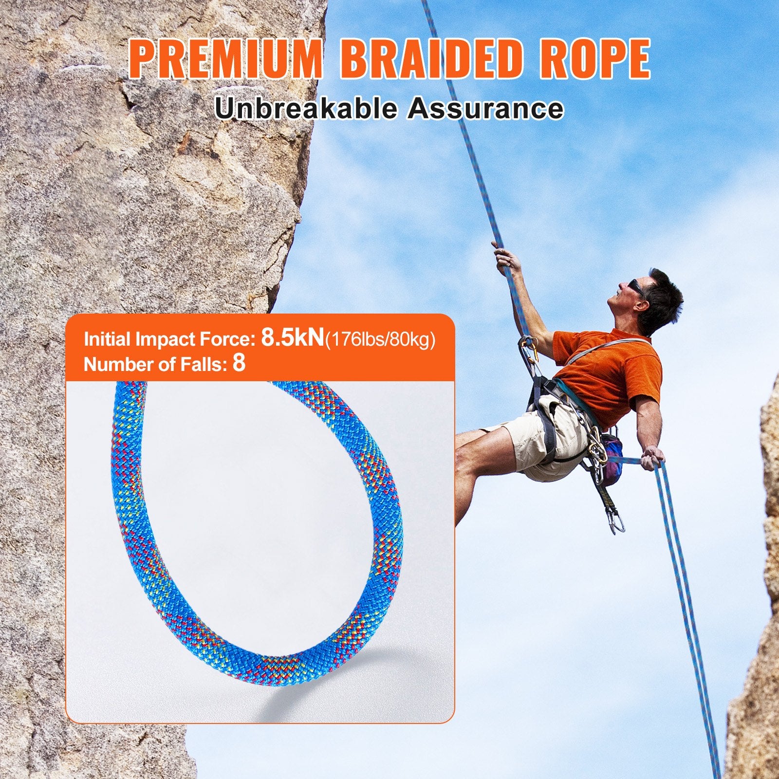 10.2mm Dynamic Climbing Rope, 40M(131ft) Outdoor Rock Climbing Rope 25KN Breaking Tension, Stretchable Fiber Rope with Steel Snap Hooks for Escape, Rappelling, Fire Rescue, Blue - Image 3