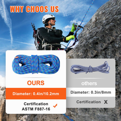 10.2mm Dynamic Climbing Rope, 40M(131ft) Outdoor Rock Climbing Rope 25KN Breaking Tension, Stretchable Fiber Rope with Steel Snap Hooks for Escape, Rappelling, Fire Rescue, Blue - Image 4