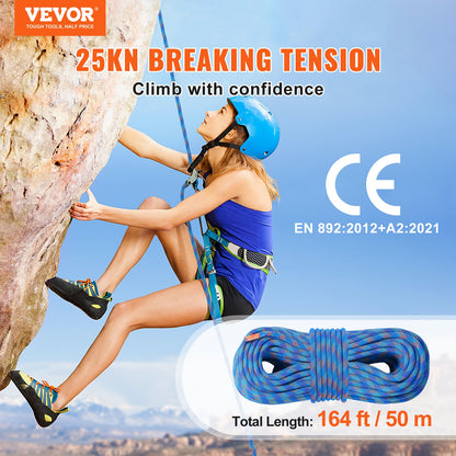 10.2mm Dynamic Climbing Rope, 50M(164ft) Outdoor Rock Climbing Rope 25KN Breaking Tension, Stretchable Fiber Rope with Steel Snap Hooks for Escape, Rappelling, Fire Rescue, Blue - Image 2