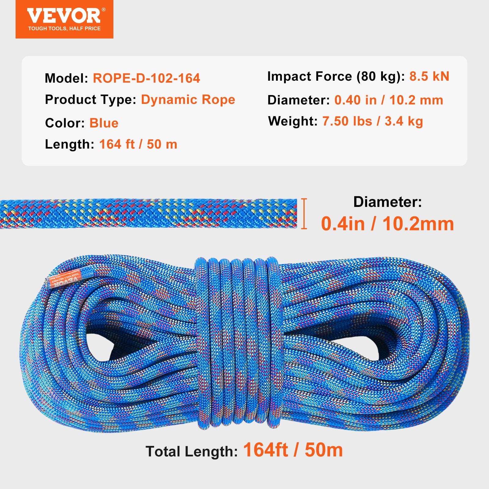 10.2mm Dynamic Climbing Rope, 50M(164ft) Outdoor Rock Climbing Rope 25KN Breaking Tension, Stretchable Fiber Rope with Steel Snap Hooks for Escape, Rappelling, Fire Rescue, Blue - Image 7