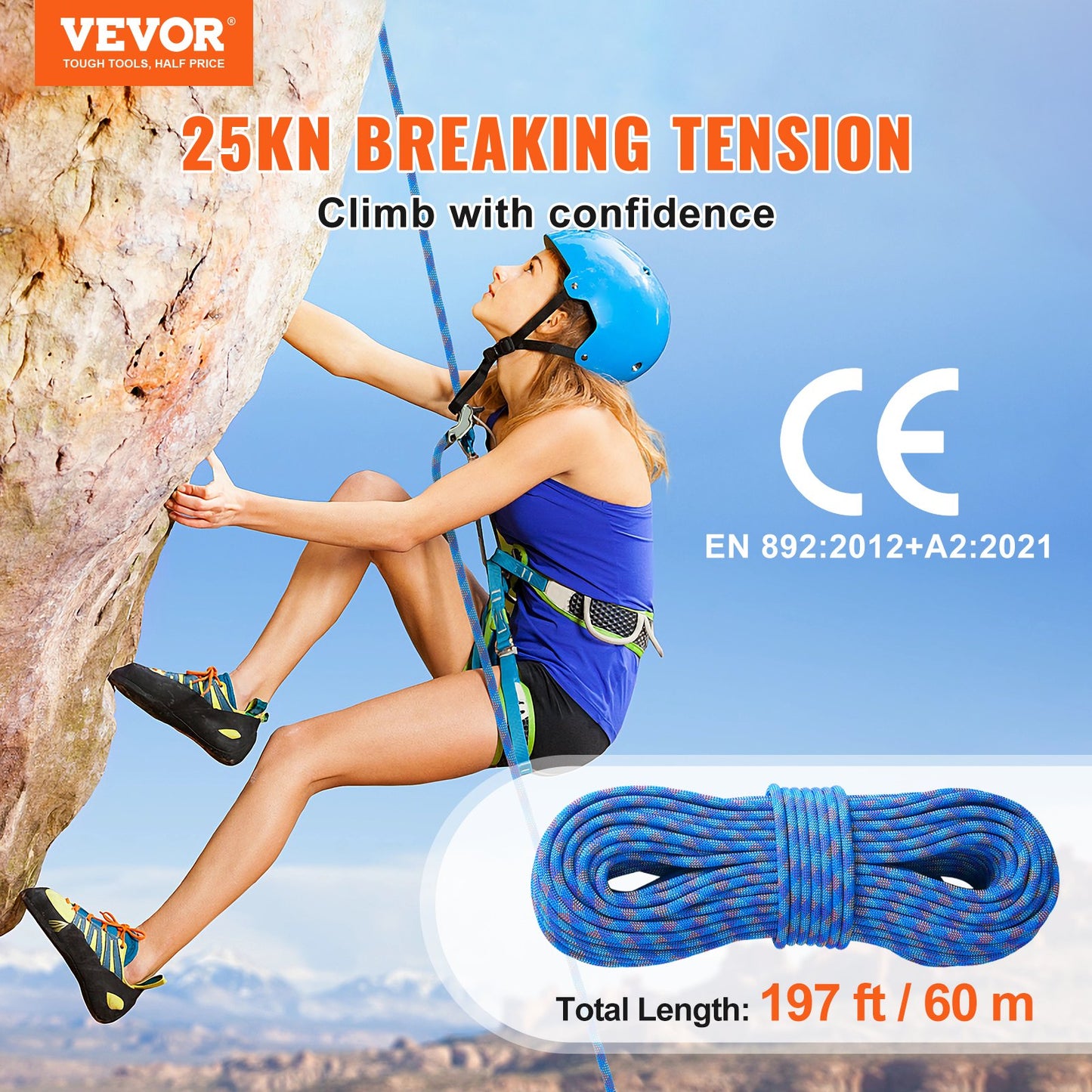 10.2mm Dynamic Climbing Rope, 60M(197ft) Outdoor Rock Climbing Rope 25KN Breaking Tension, Stretchable Fiber Rope with Steel Snap Hooks for Escape, Rappelling, Fire Rescue, Blue - Image 2