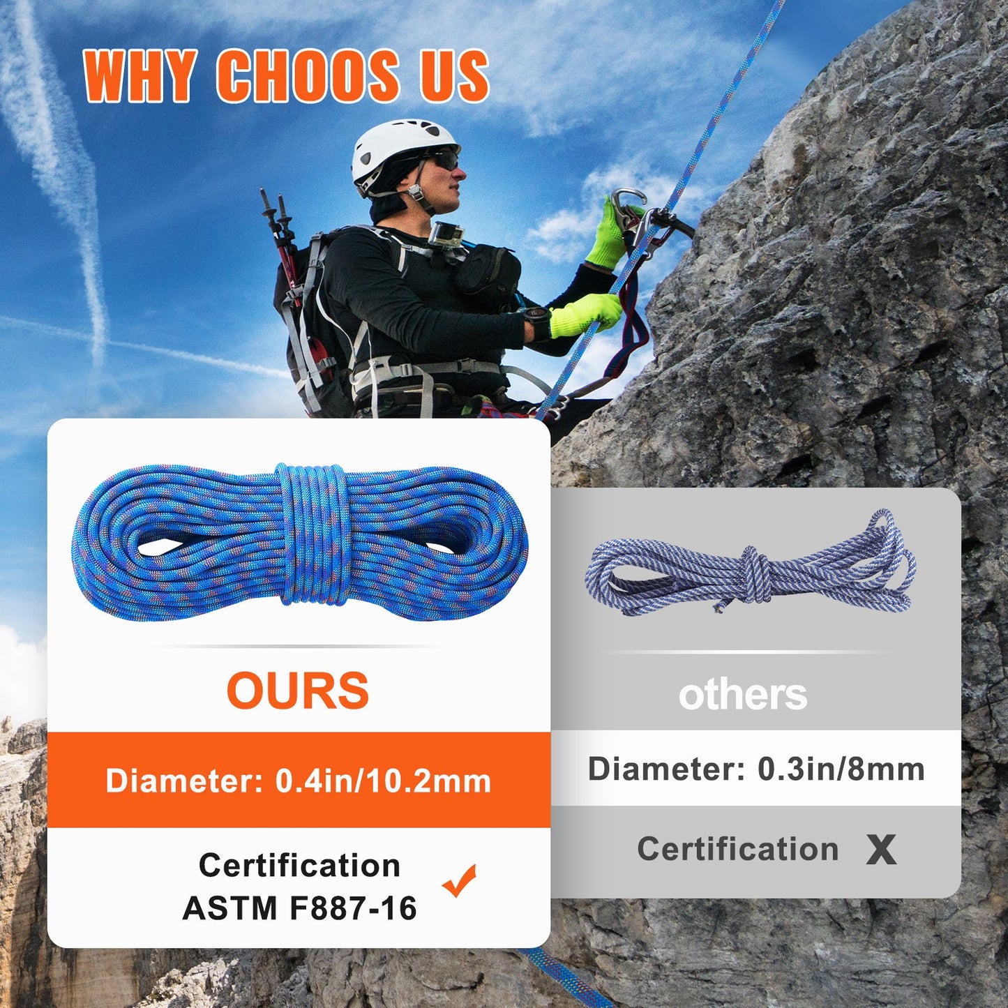 10.2mm Dynamic Climbing Rope, 60M(197ft) Outdoor Rock Climbing Rope 25KN Breaking Tension, Stretchable Fiber Rope with Steel Snap Hooks for Escape, Rappelling, Fire Rescue, Blue - Image 4