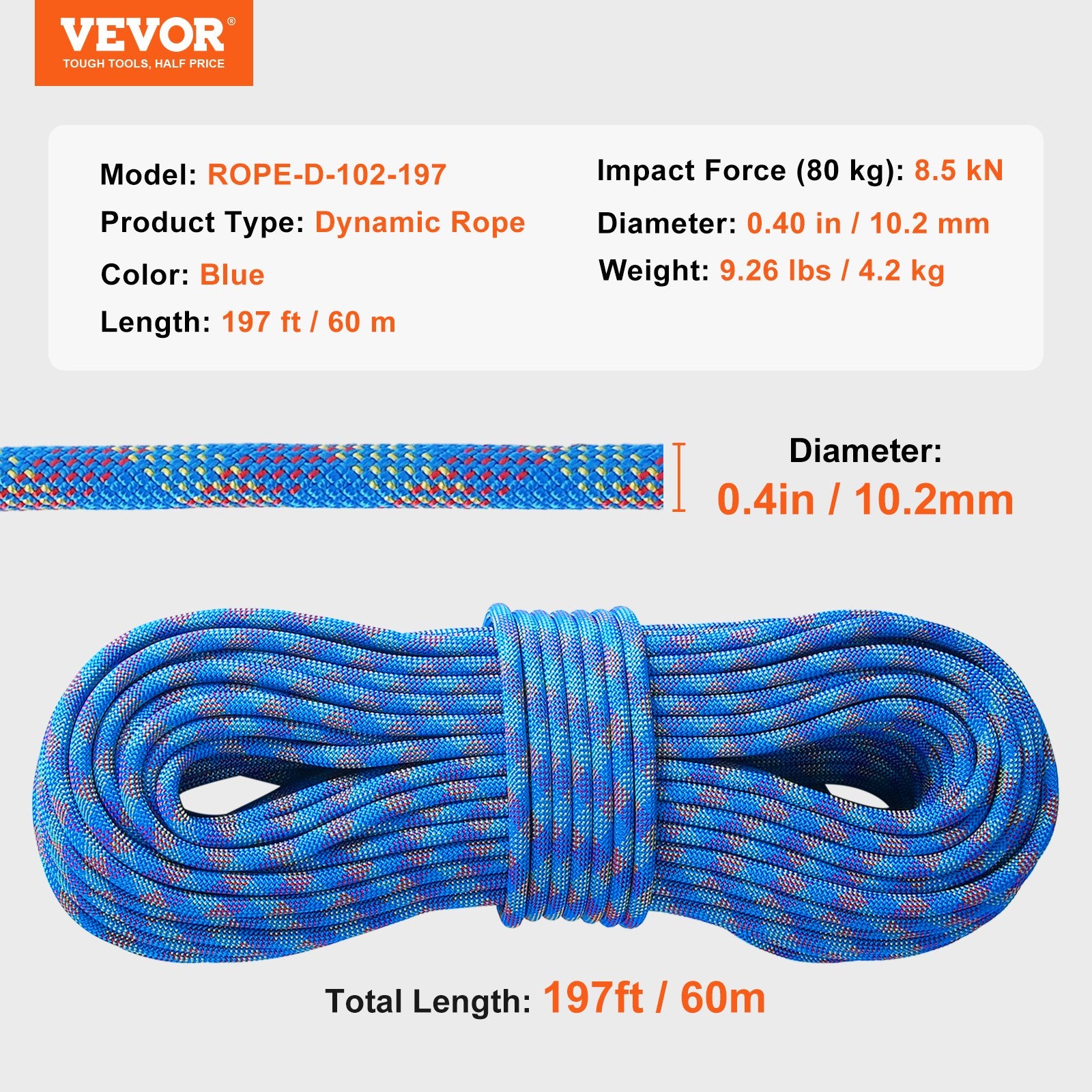 10.2mm Dynamic Climbing Rope, 60M(197ft) Outdoor Rock Climbing Rope 25KN Breaking Tension, Stretchable Fiber Rope with Steel Snap Hooks for Escape, Rappelling, Fire Rescue, Blue - Image 7