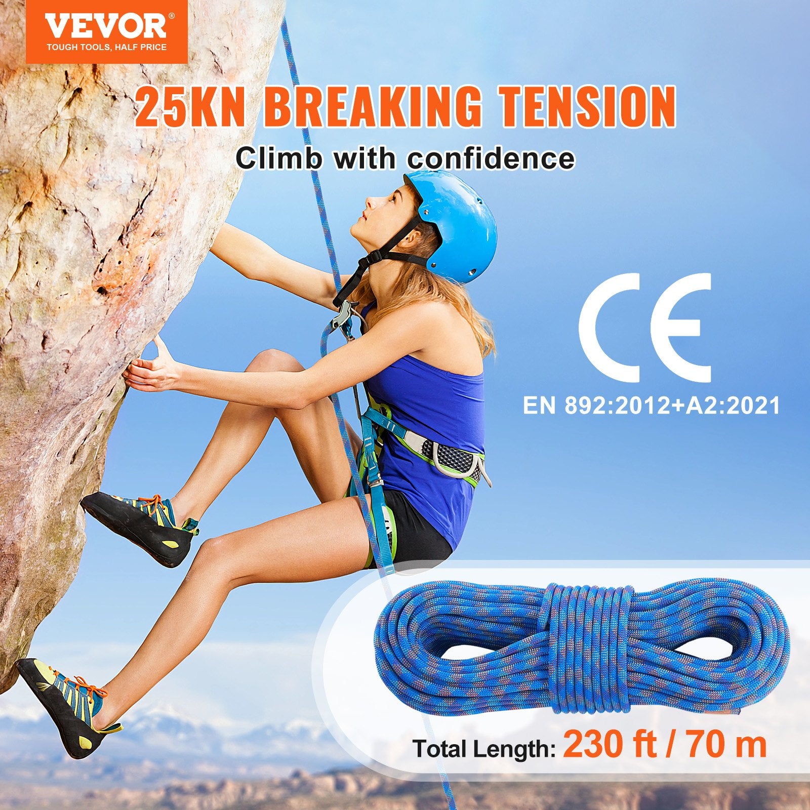 10.2mm Dynamic Climbing Rope, 70M(230ft) Outdoor Rock Climbing Rope 25KN Breaking Tension, Stretchable Fiber Rope with Steel Snap Hooks for Escape, Rappelling, Fire Rescue, Blue - Image 2