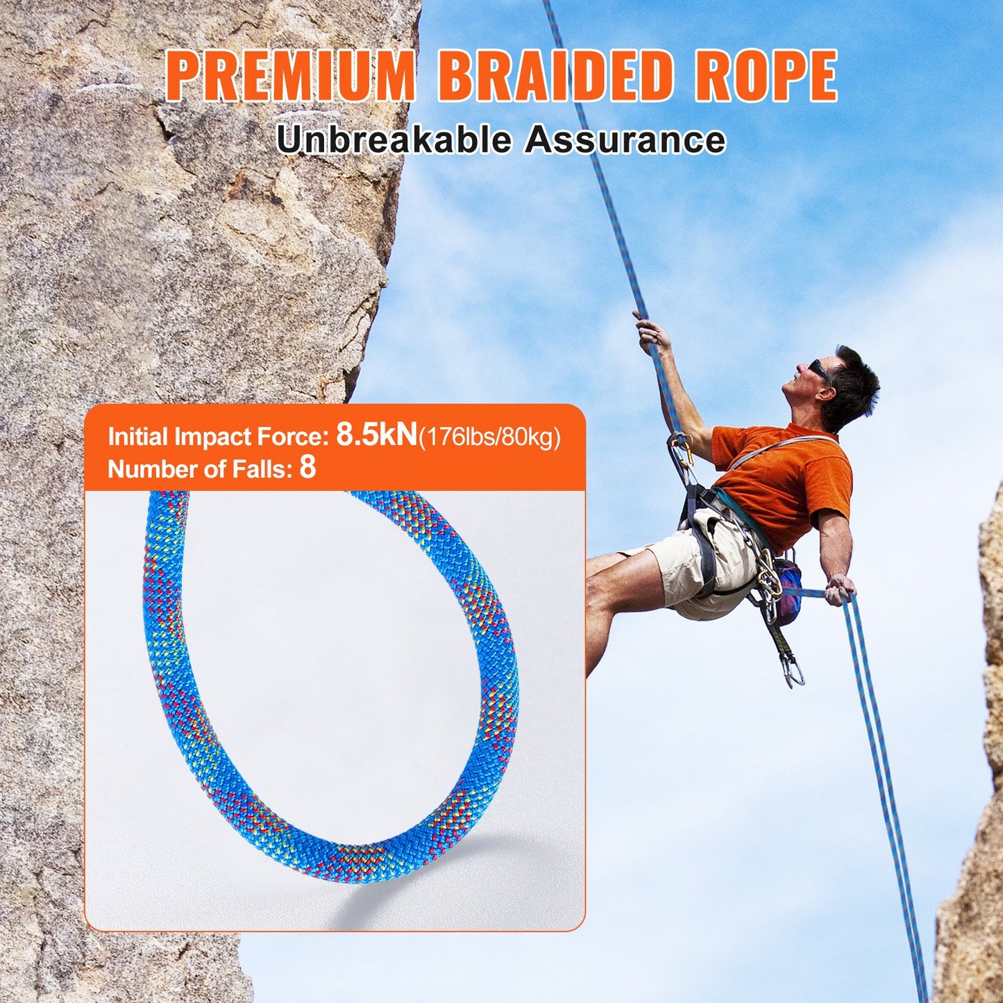 10.2mm Dynamic Climbing Rope, 70M(230ft) Outdoor Rock Climbing Rope 25KN Breaking Tension, Stretchable Fiber Rope with Steel Snap Hooks for Escape, Rappelling, Fire Rescue, Blue - Image 3