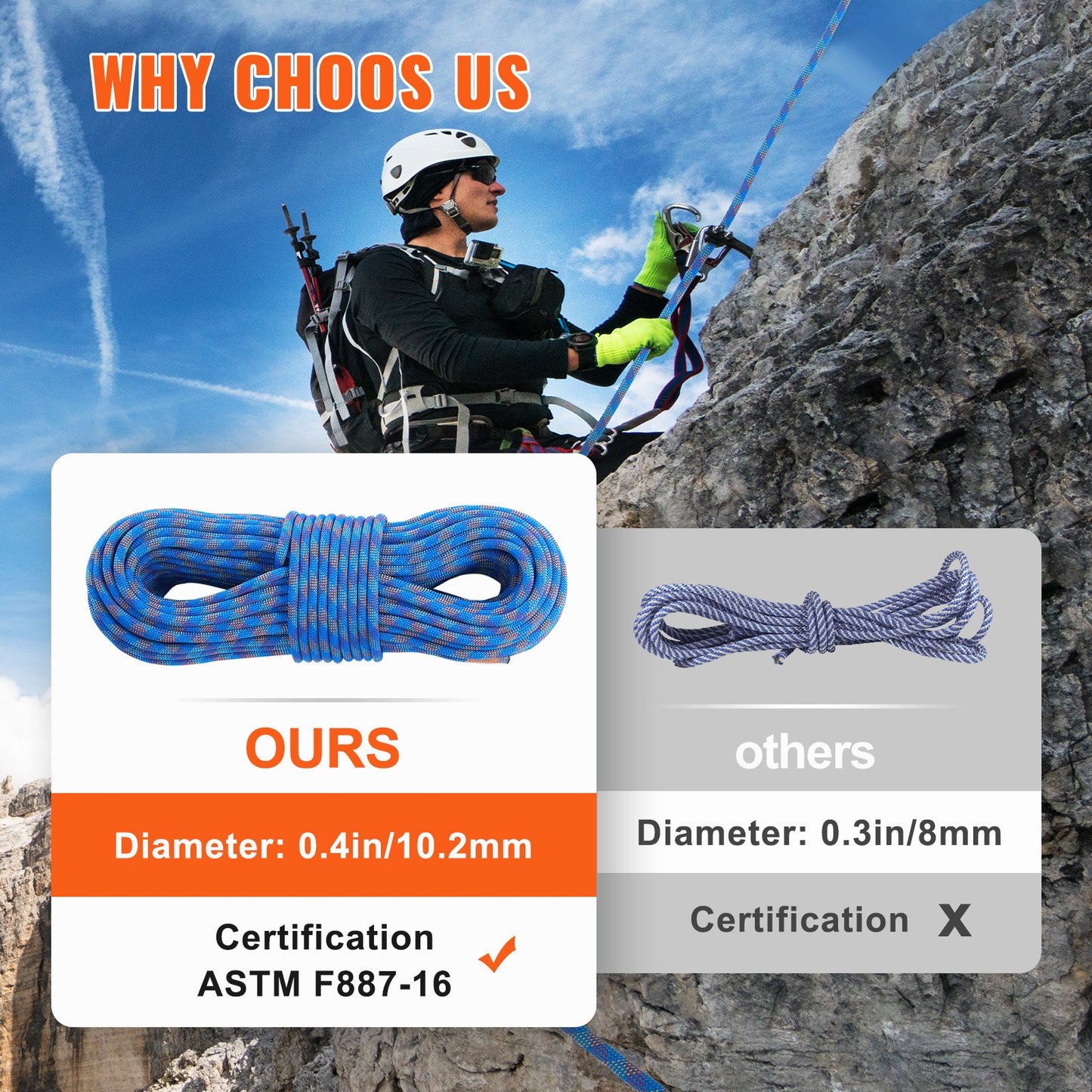 10.2mm Dynamic Climbing Rope, 70M(230ft) Outdoor Rock Climbing Rope 25KN Breaking Tension, Stretchable Fiber Rope with Steel Snap Hooks for Escape, Rappelling, Fire Rescue, Blue - Image 4
