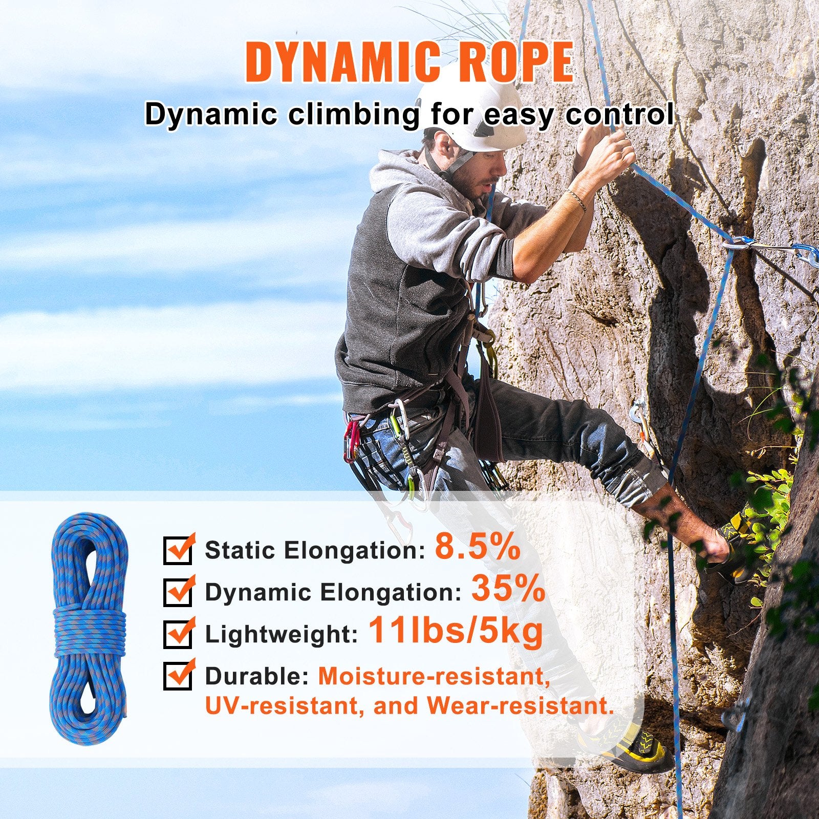 10.2mm Dynamic Climbing Rope, 70M(230ft) Outdoor Rock Climbing Rope 25KN Breaking Tension, Stretchable Fiber Rope with Steel Snap Hooks for Escape, Rappelling, Fire Rescue, Blue - Image 5
